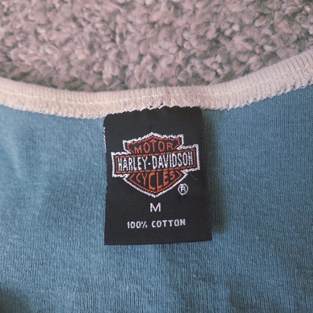 VTG Harley Davidson Womens 3/4 Sleeve T-Shirt‎ Teal Blue Ringer 1995 USA Size M - Picture 7 of 13